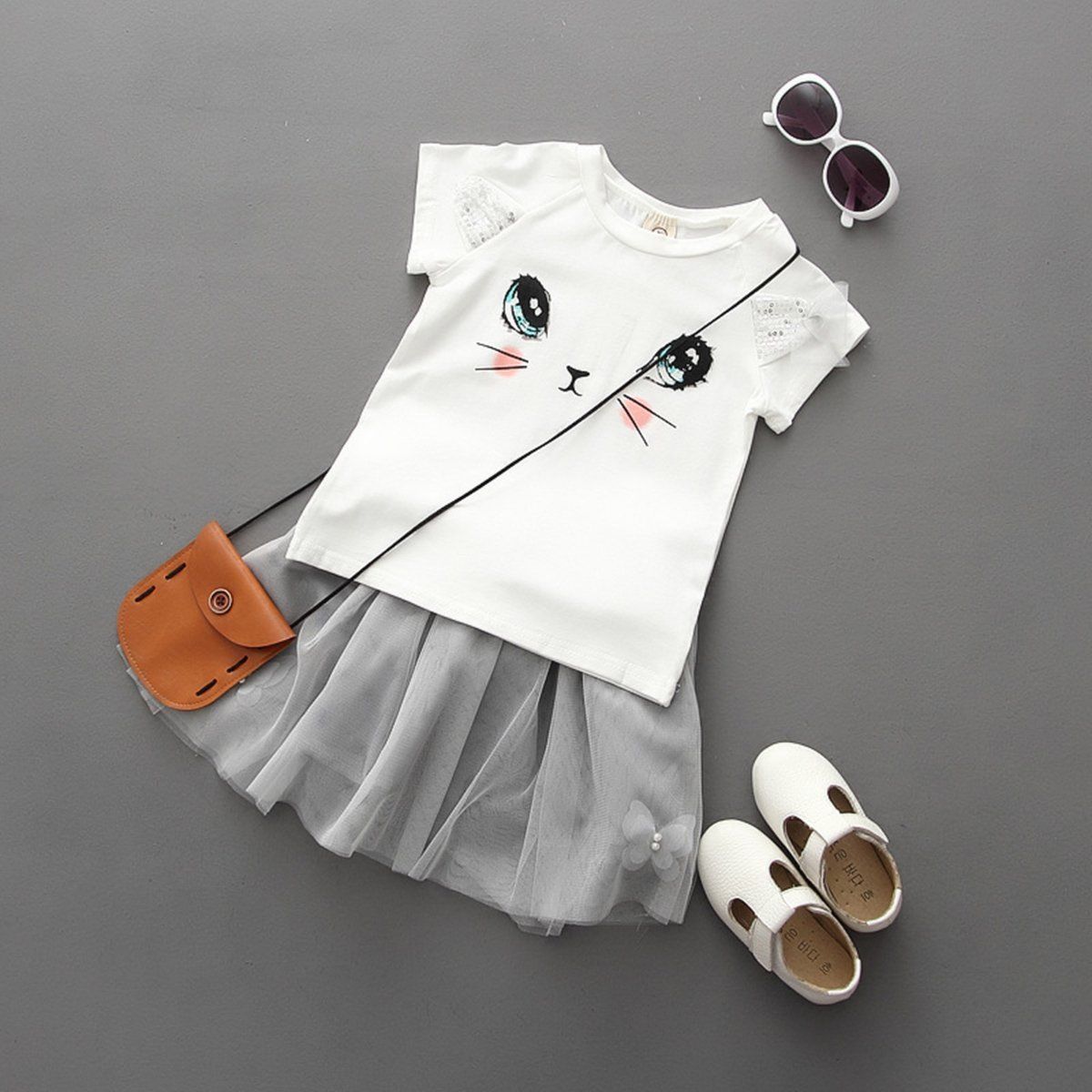 Girls Cat T-Shirt & Puffy Skirt Set – Cute Butterfly Outfit for Kids - Image 7