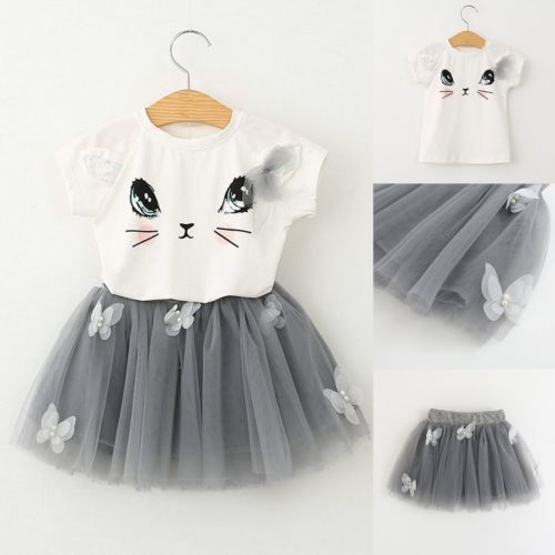 Girls Cat T-Shirt & Puffy Skirt Set – Cute Butterfly Outfit for Kids - Image 4