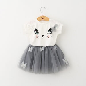 Girls Cat T-Shirt & Puffy Skirt Set – Cute Butterfly Outfit for Kids