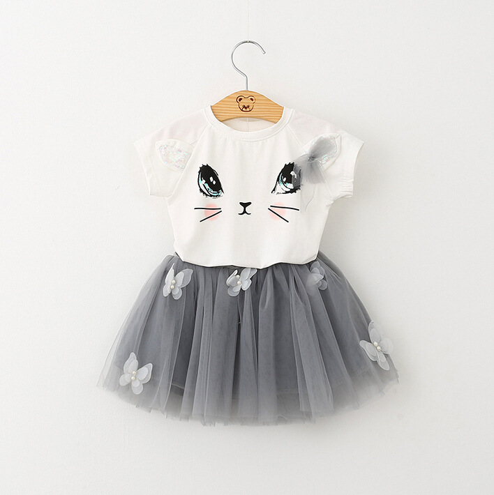 Girls Cat T-Shirt & Puffy Skirt Set – Cute Butterfly Outfit for Kids