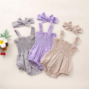 Baby Girls 2-Piece Summer Outfit – Sleeveless Frill Smocked Romper with Headband Set