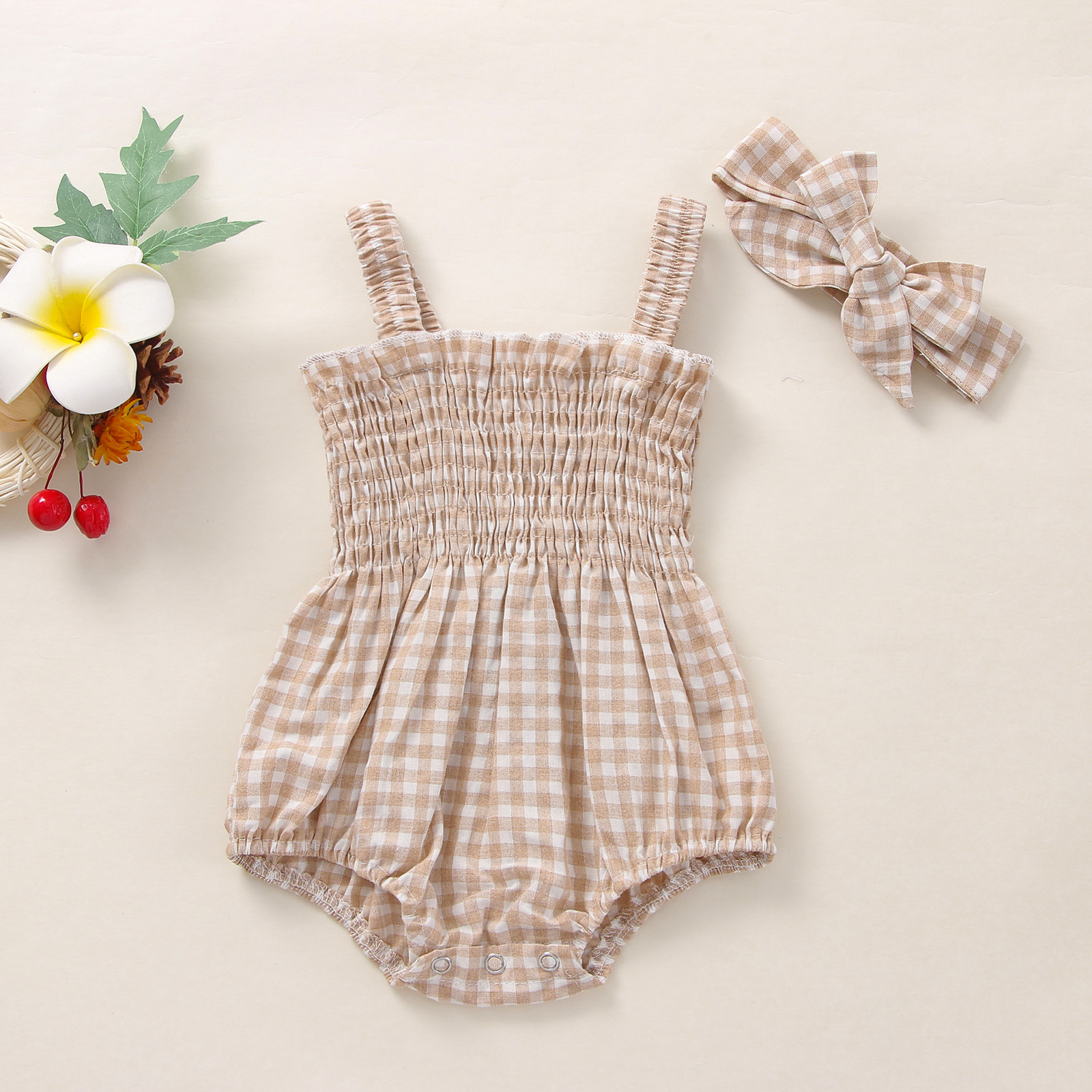 Baby Girls 2-Piece Summer Outfit – Sleeveless Frill Smocked Romper with Headband Set - Image 2
