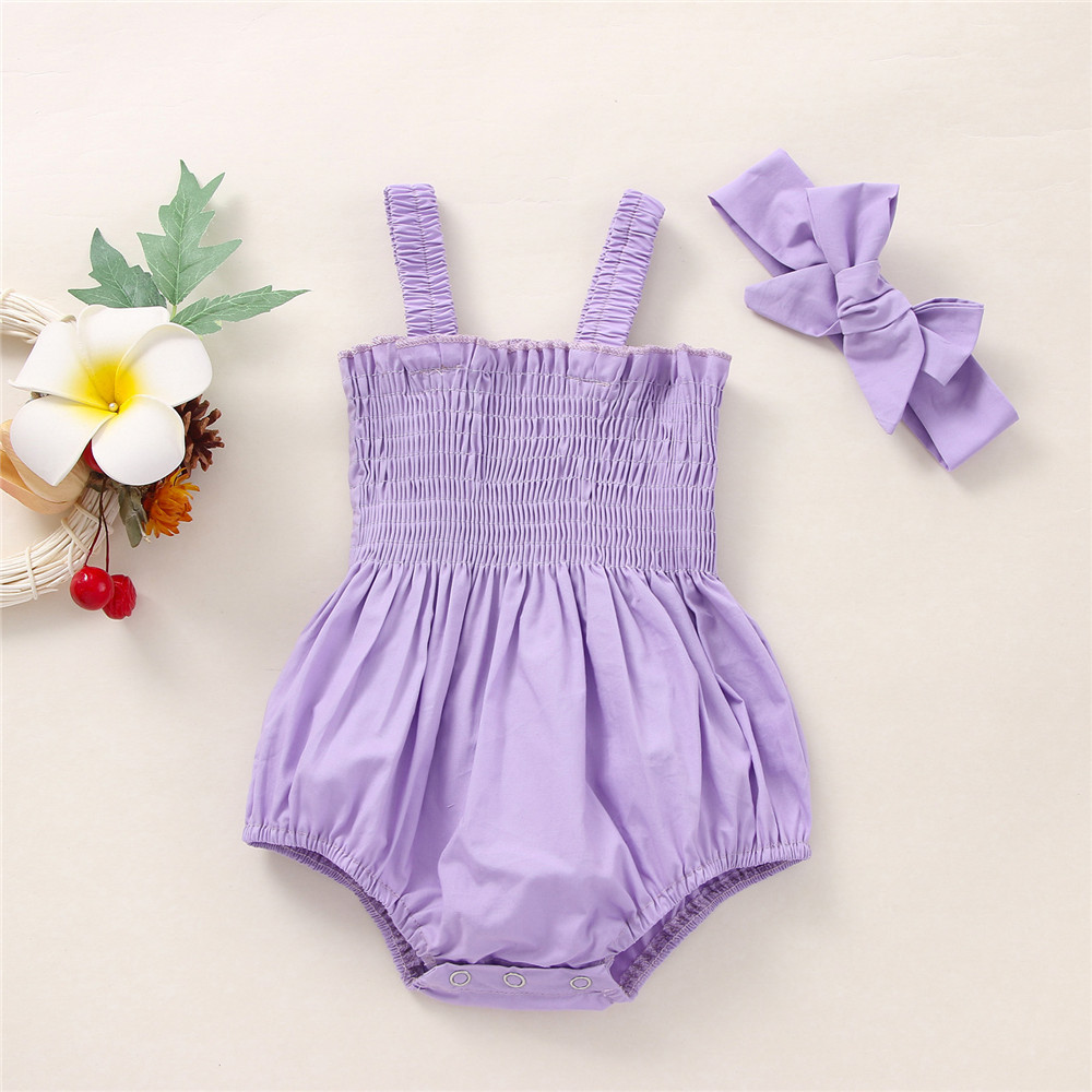 Baby Girls 2-Piece Summer Outfit – Sleeveless Frill Smocked Romper with Headband Set - Image 4
