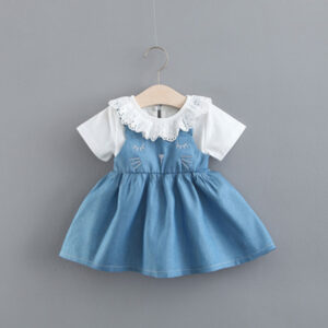 Girls Rabbit Ears Denim Skirt Set – Solid Color Summer 2-Piece Kids Outfit